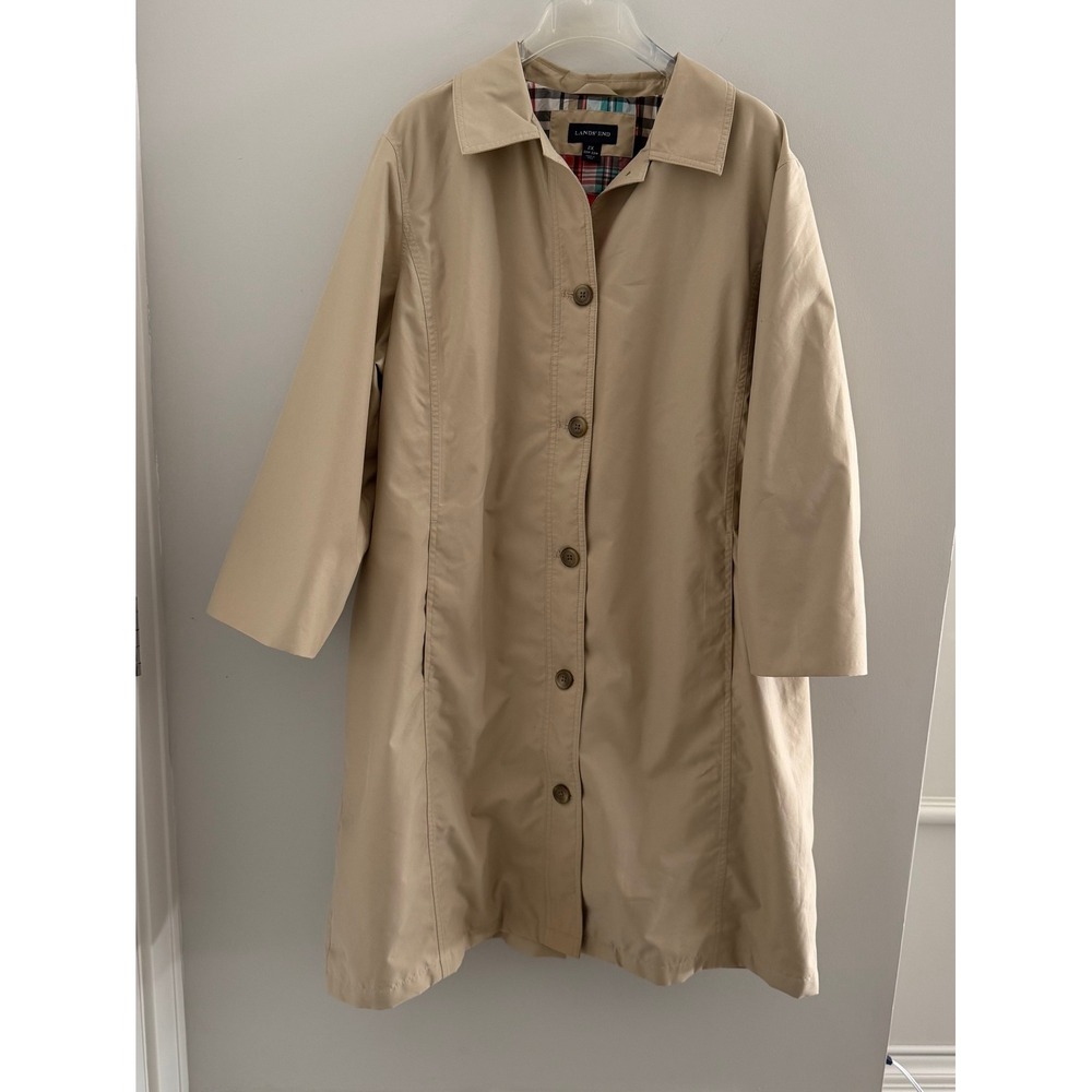 Lands End Tan Beige Trench Coat Lined Button Front Jacket 2X 20-22W Classic